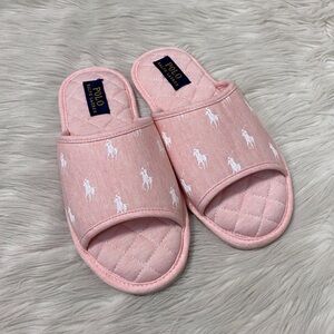Polo Ralph Lauren Light Pink White Pony Graphic Peep Toe Slip On Antero Slippers